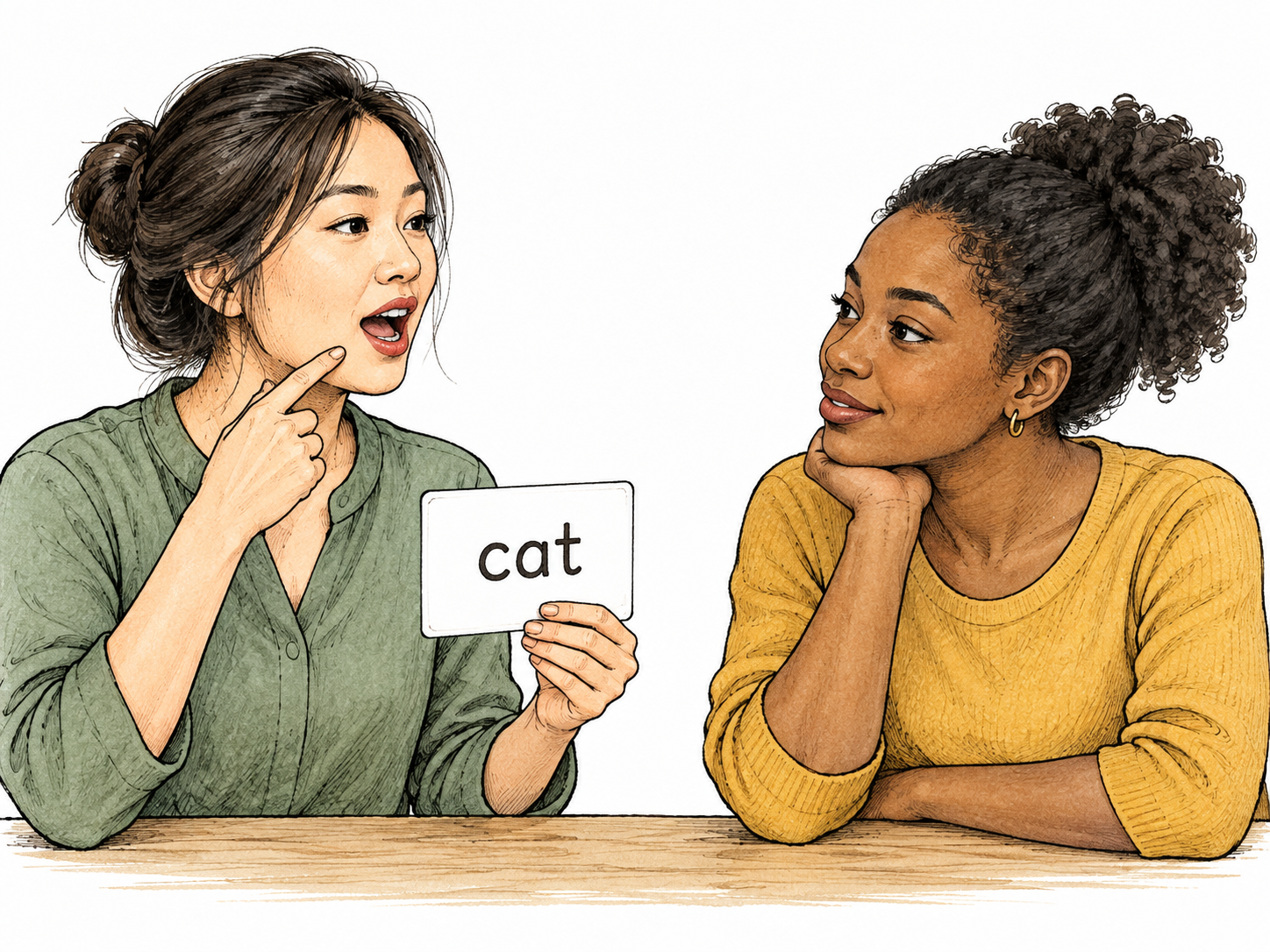 An adult speaker and attentive listener practice the way a word is spoken, a single small functional card reads only “cat”; focus clear articulating mouth, no phonetic explanation.