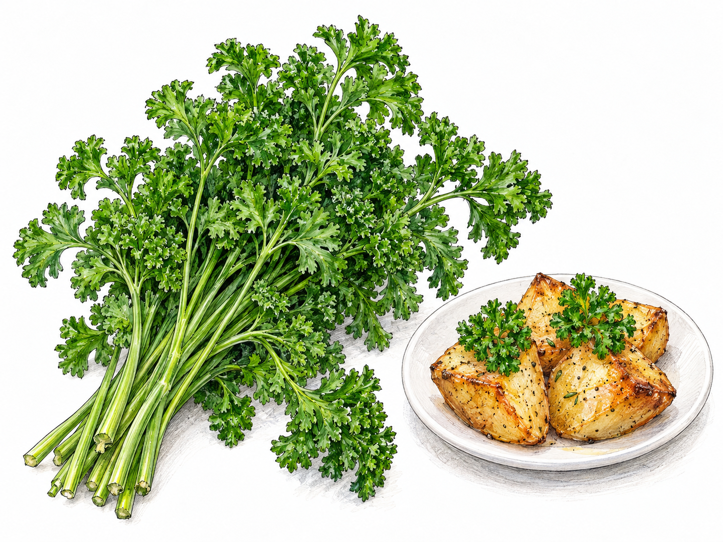 A fresh bunch of curly-leaf parsley beside a simple plate of roasted potatoes garnished with matching parsley sprigs, making both the herb and its culinary use visible.
