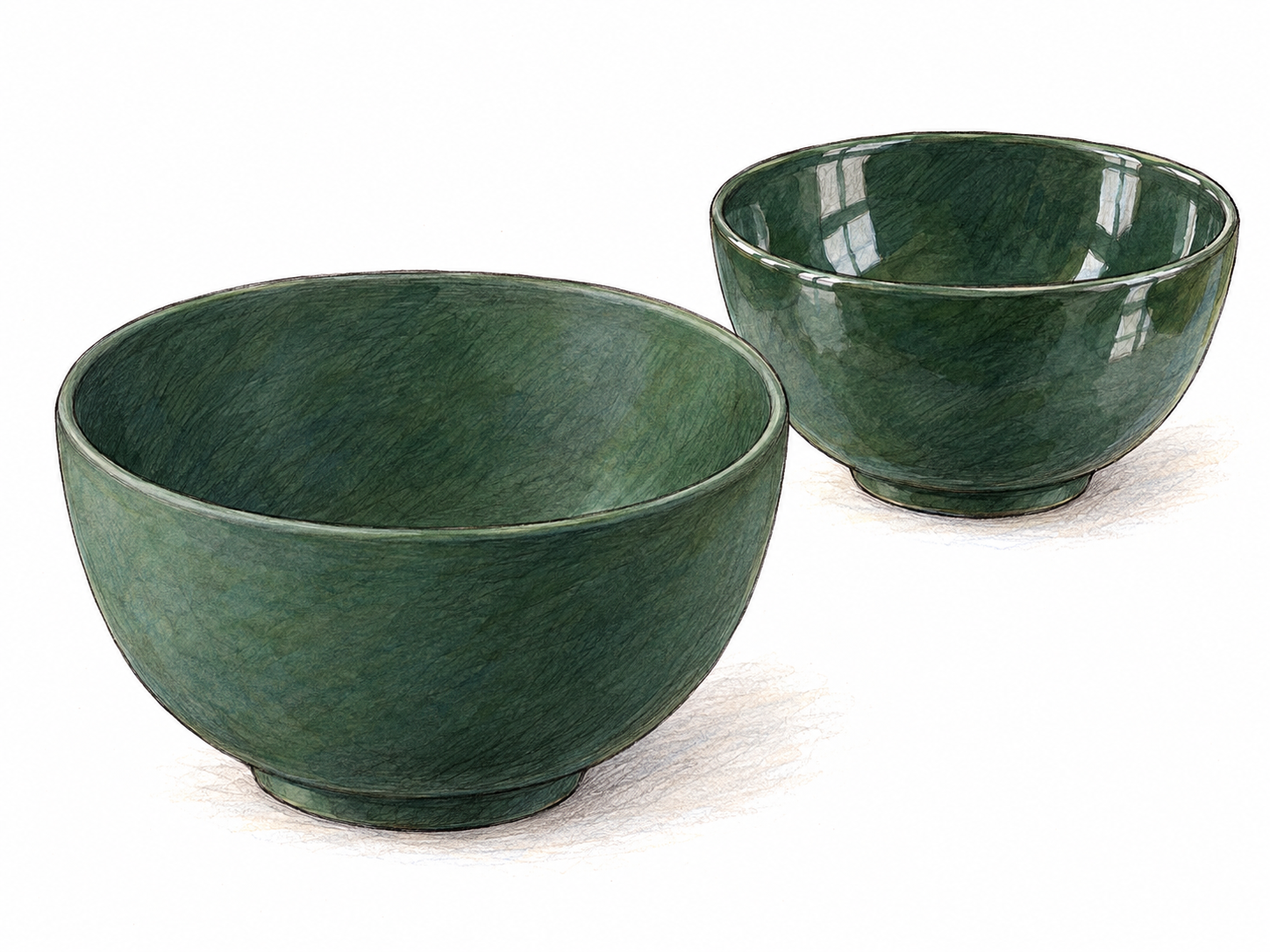 Two identical dark-green ceramic bowls contrast surface finishes: a dominant foreground bowl has a flat, nonshiny matte surface, while a smaller bowl behind it has conspicuous glossy reflections.