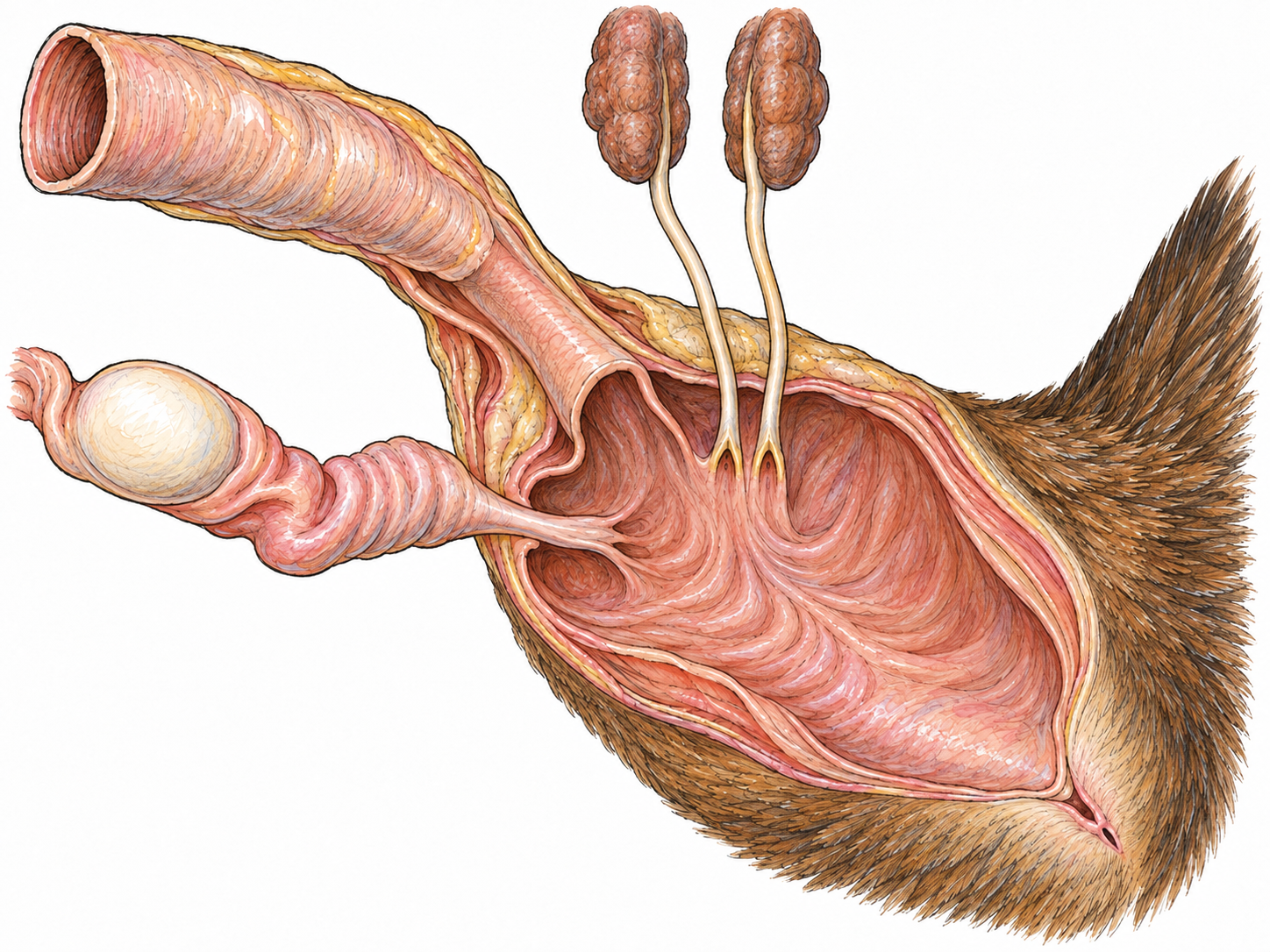A simplified anatomical teaching model of an adult brown hen's terminal tracts, with the shared chamber and single external vent dominating the composition instead of a crowded torso cutaway.