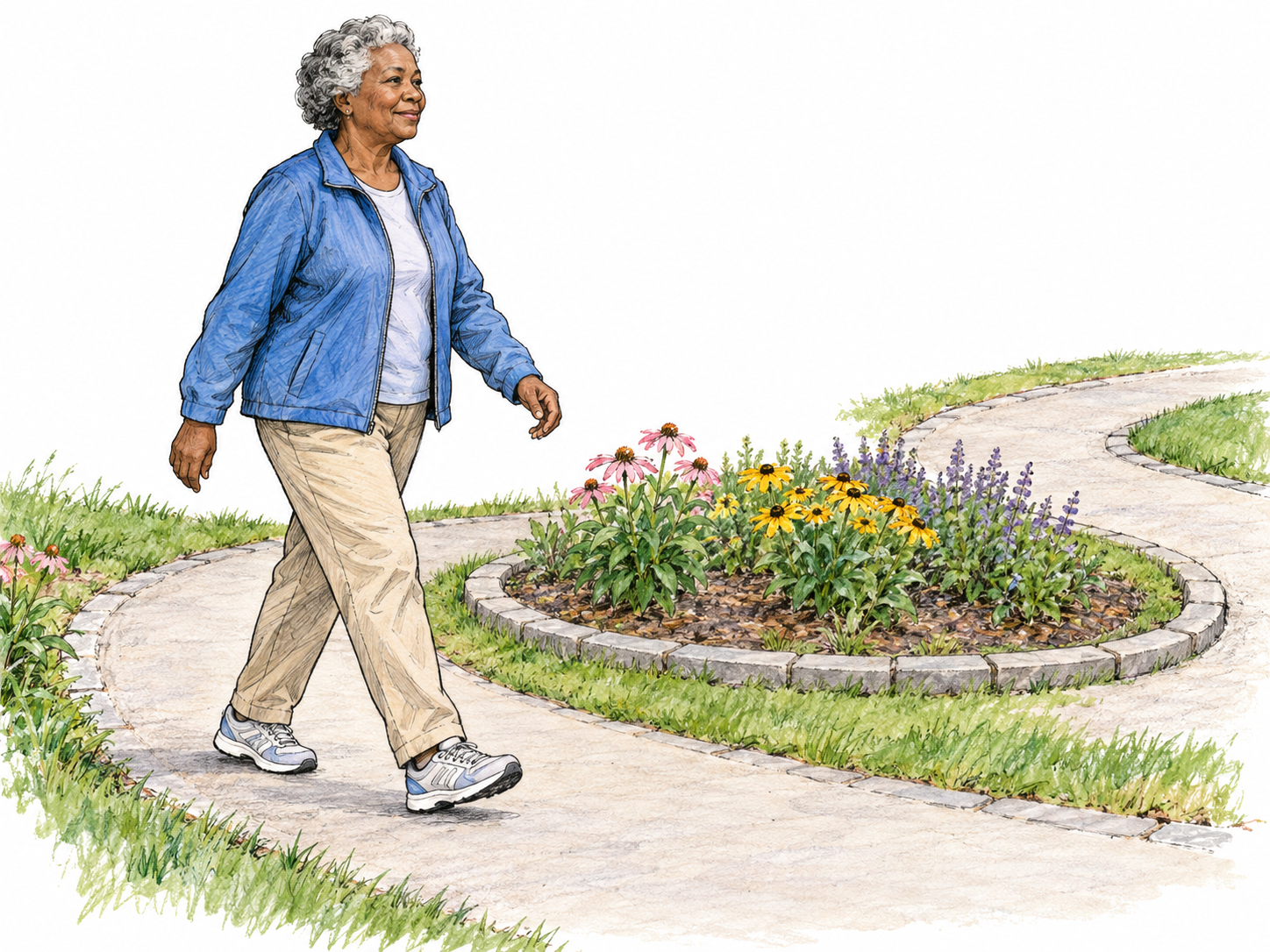 An older woman walks at an easy pace along a curving park path around a small flower bed, visibly moving through the place rather than standing or exercising vigorously.