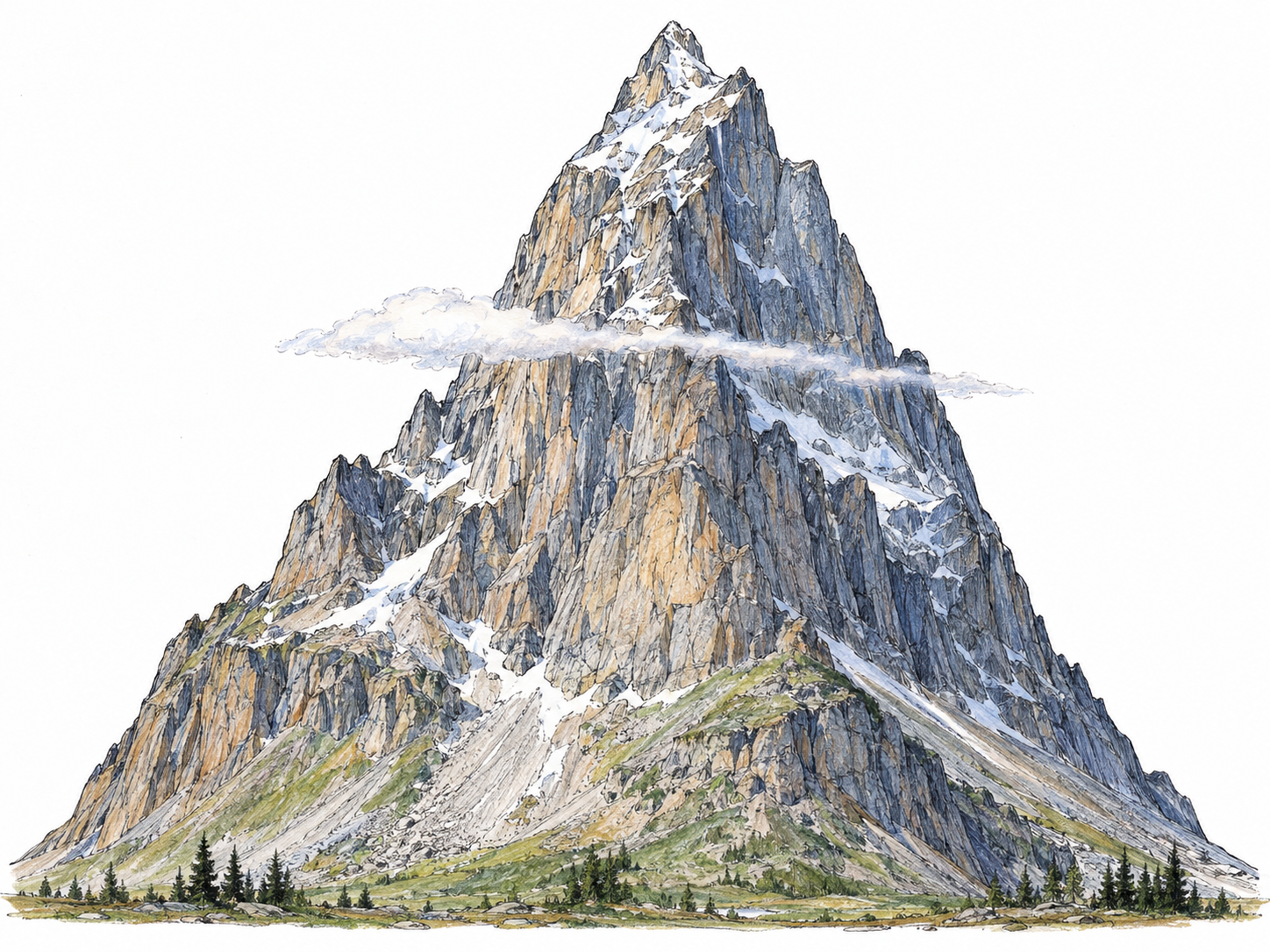 A sheer rocky peak rises far above a low valley, with tiny trees at its foot and a thin cloud crossing well below its summit.