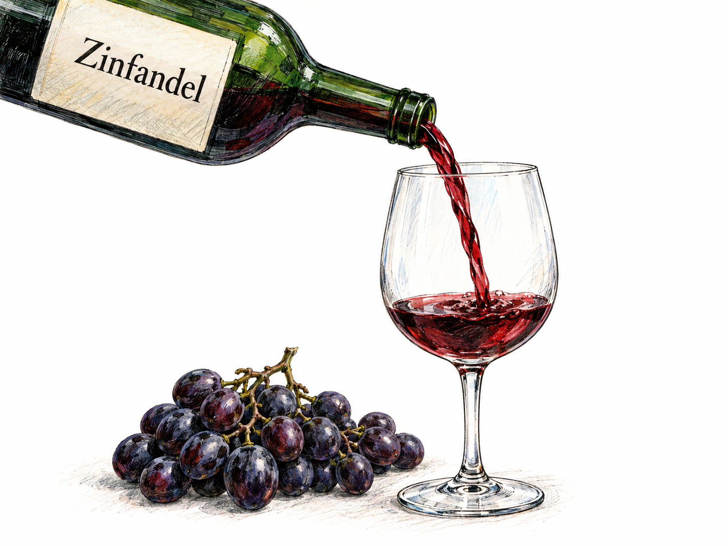 A bottle identified by its minimal intrinsic varietal label, Zinfandel, pours ruby-red wine into a stemmed glass, with dark-skinned grapes beside the glass.