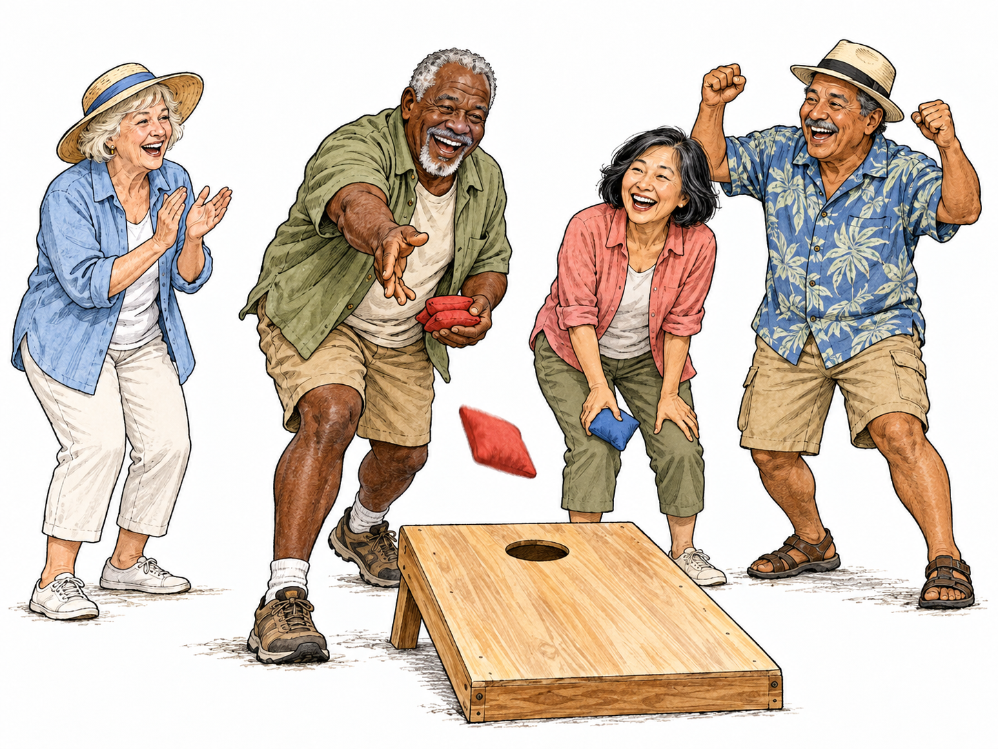 A varied group of older adults laugh together during a lively picnic game, warm open expressions and animated relaxed gestures, no text.