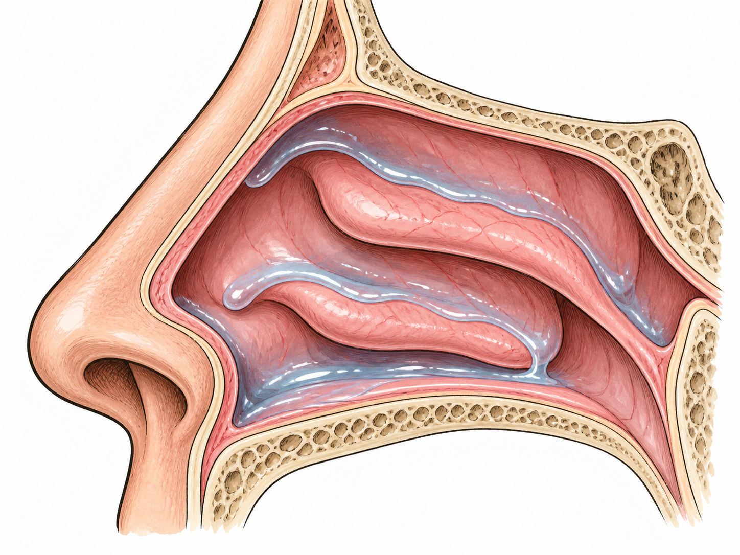 Clean non-graphic educational cutaway of inside nose showing a thin slippery mucus coating on pink nasal lining; blue-gray coating, no labels.