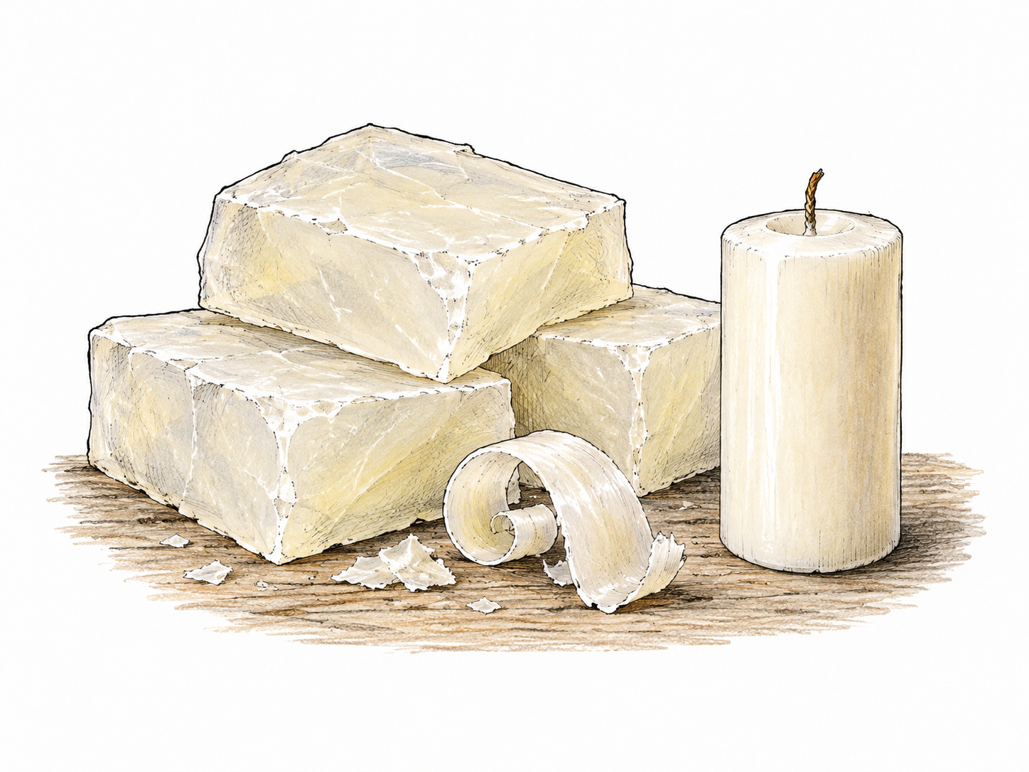 Several pale translucent blocks of paraffin wax with one curled shaving and an unlit plain wax candle on a simple work surface.