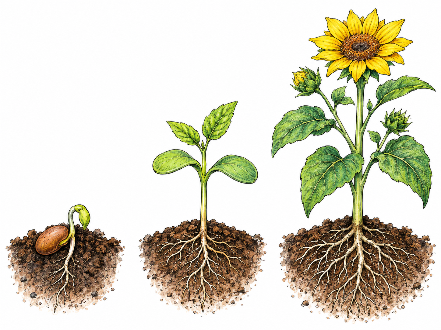 A seed grows into a young plant and then a mature flowering plant in three compact stages, showing a living life course; no written labels.
