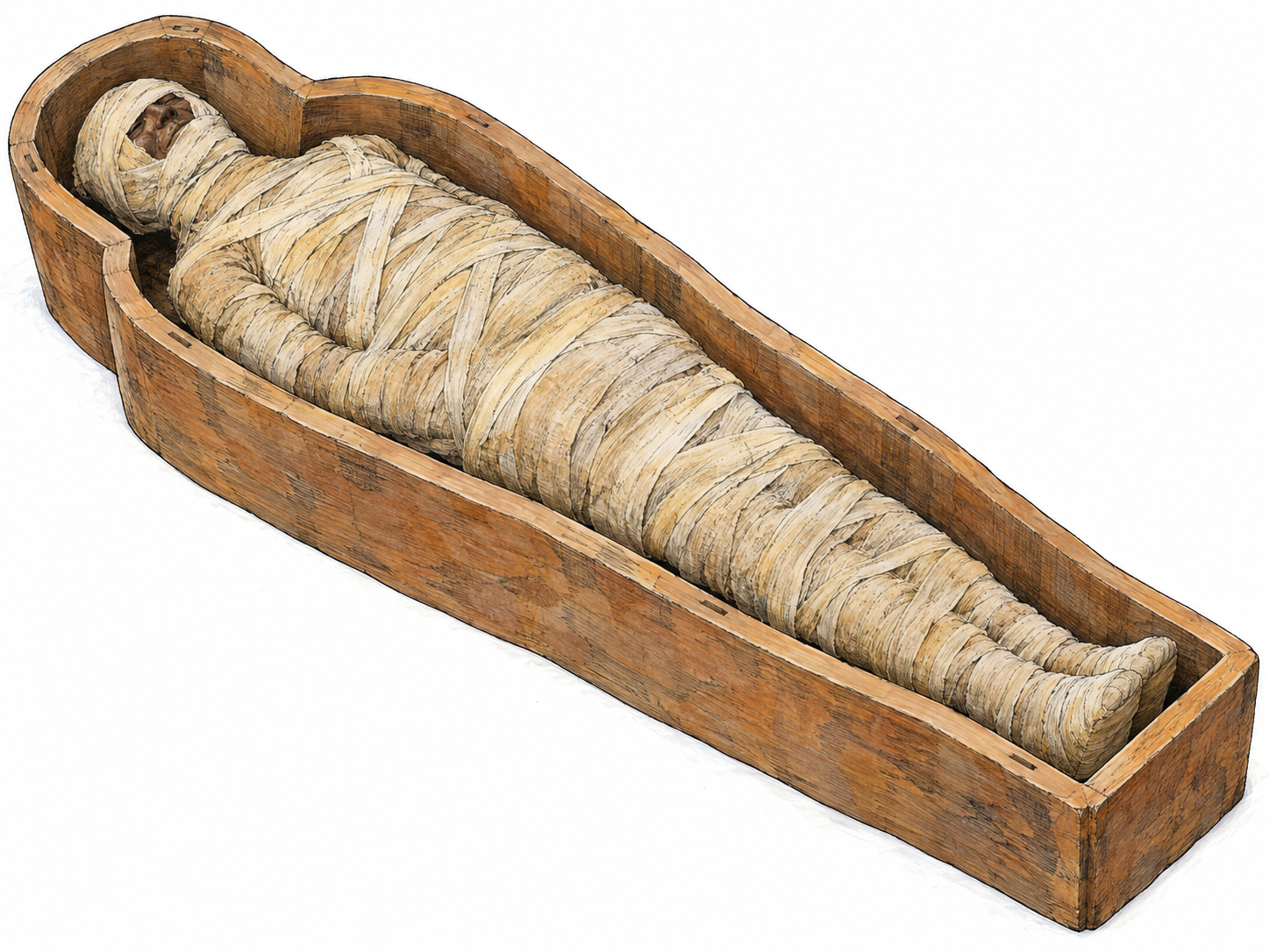 An ancient Egyptian linen-wrapped preserved adult body lies motionless inside an open anthropoid coffin, with a small exposed area of dry, shrunken facial tissue making it clearly a mummy rather than a sleeping person or costume.