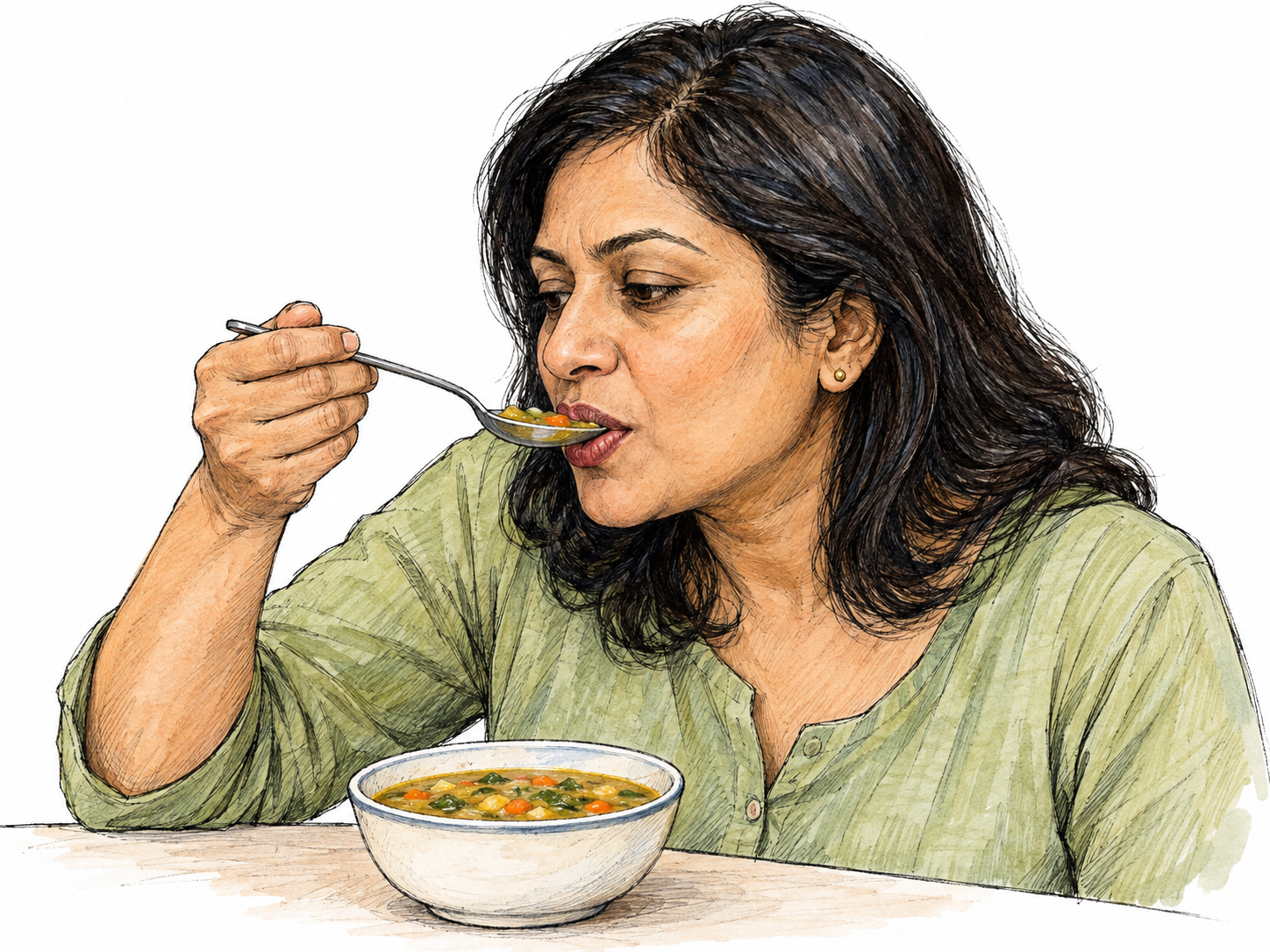 A woman actively takes a spoonful of soup into her mouth, making ingestion visible through food crossing the lips rather than merely being held nearby.
