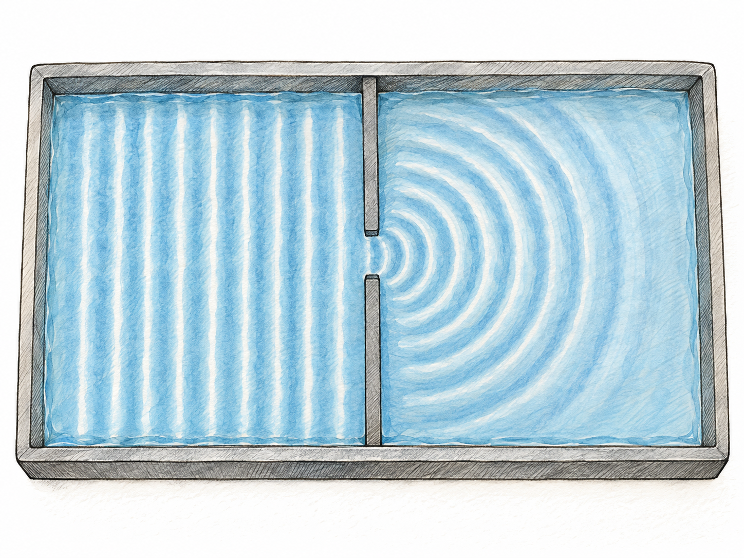 An overhead view of a shallow ripple tank: parallel water-wave crests approach a narrow opening in a straight barrier and spread into semicircular crests beyond it, making diffraction directly visible.