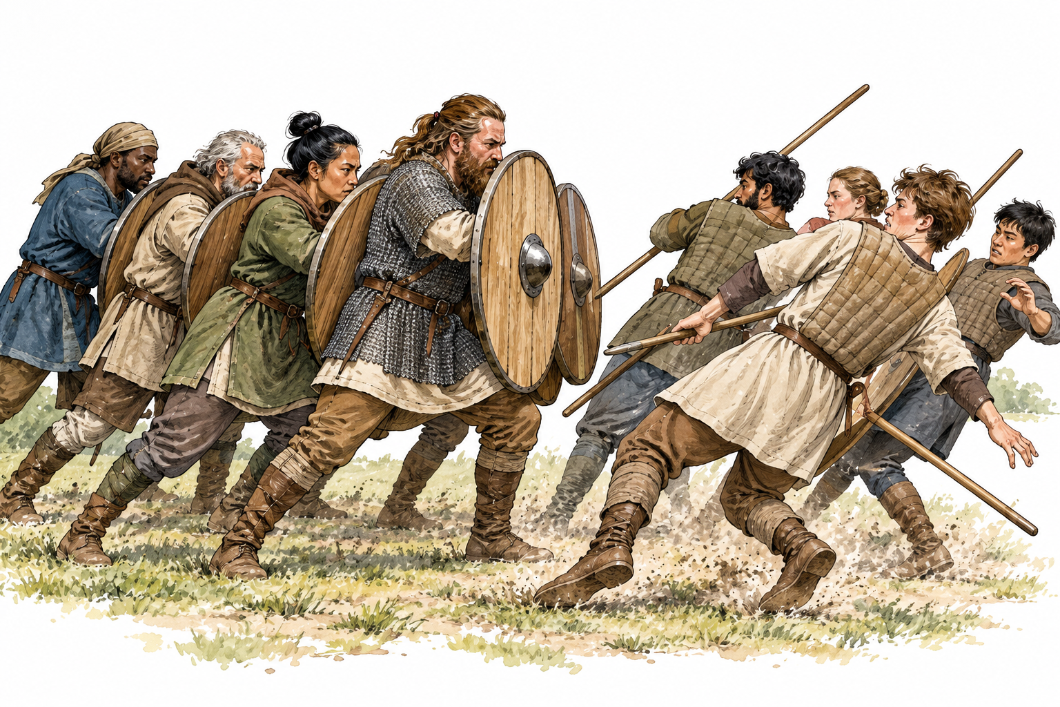Historical defenders using plain shields to drive an attacking practice formation backward on a training field, no wounds, no writing.
