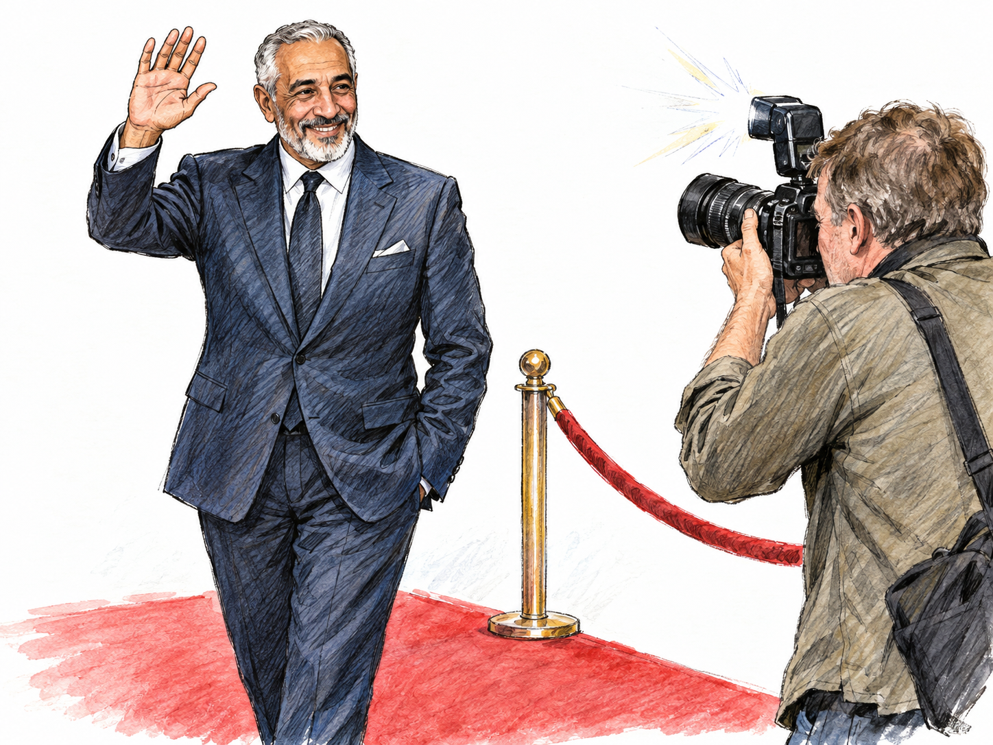 An older celebrity pauses on a short red carpet and waves toward admirers beyond the frame while a press photographer aims his camera at him.