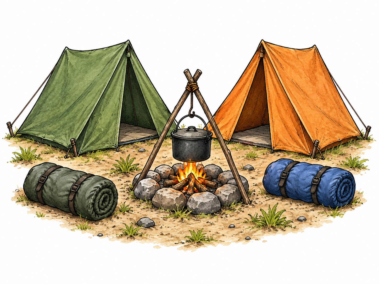 Two small tents, bedrolls and a cooking pot form a temporary outdoor camp on a sparse patch of ground; no panorama.