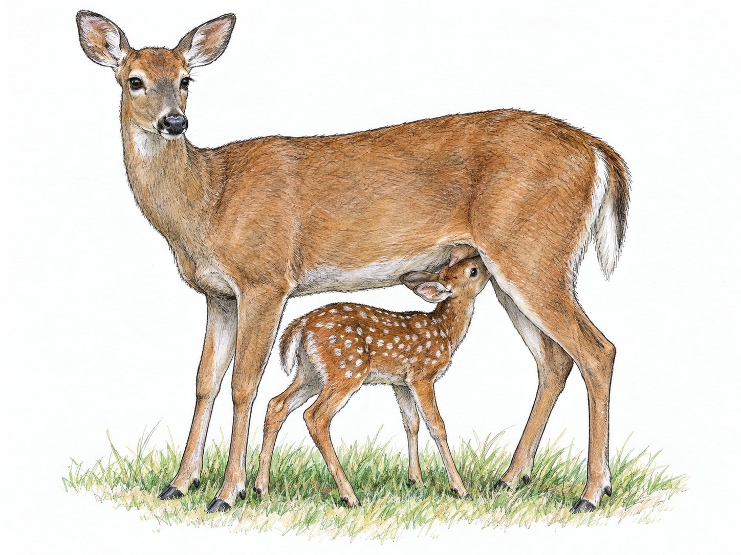 An adult white-tailed doe stands in clear side view while a small spotted fawn nurses beneath her, making her adult female identity visible rather than relying on absence of antlers alone.