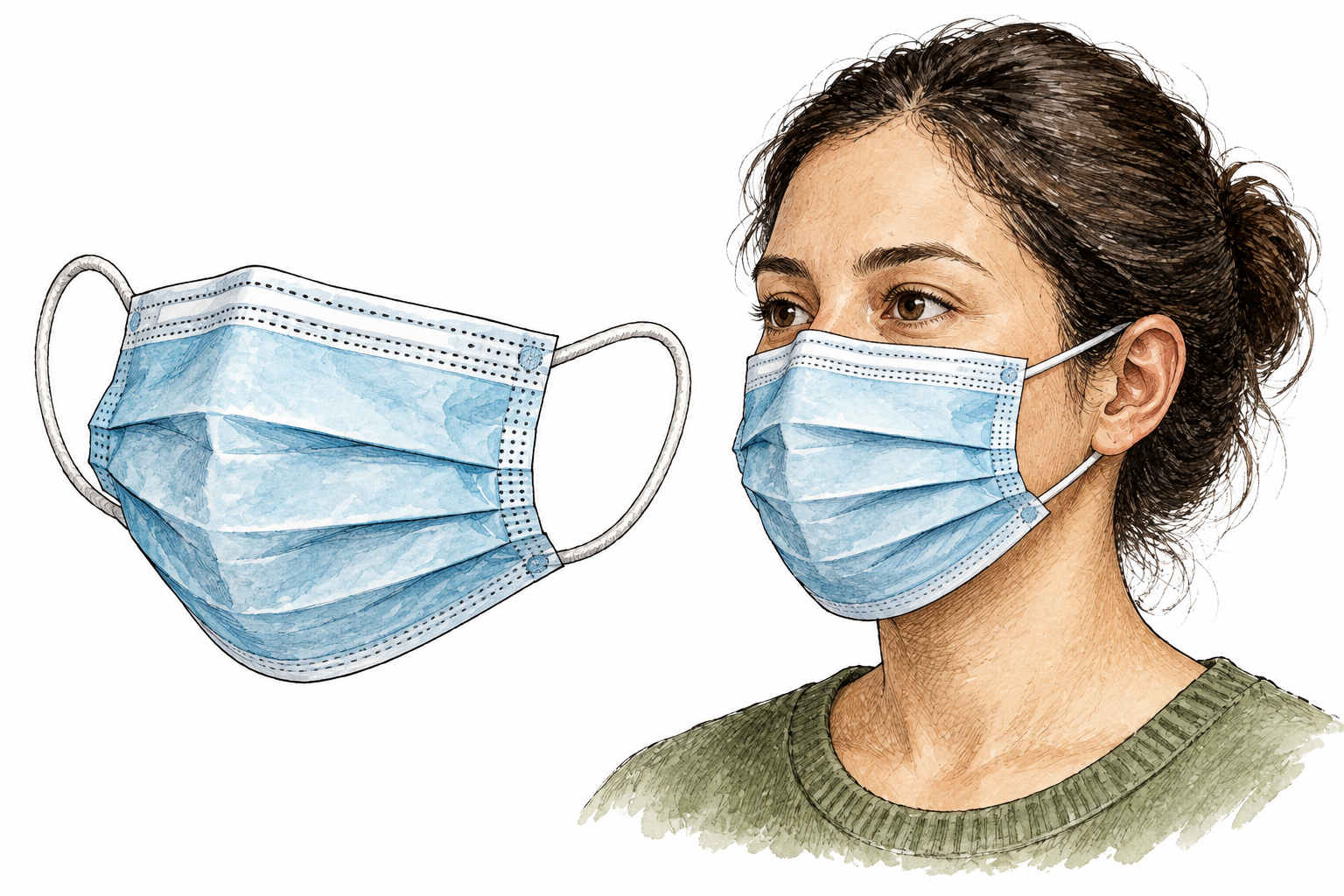 A plain protective face mask with ear loops displayed beside a person wearing one, face covering.