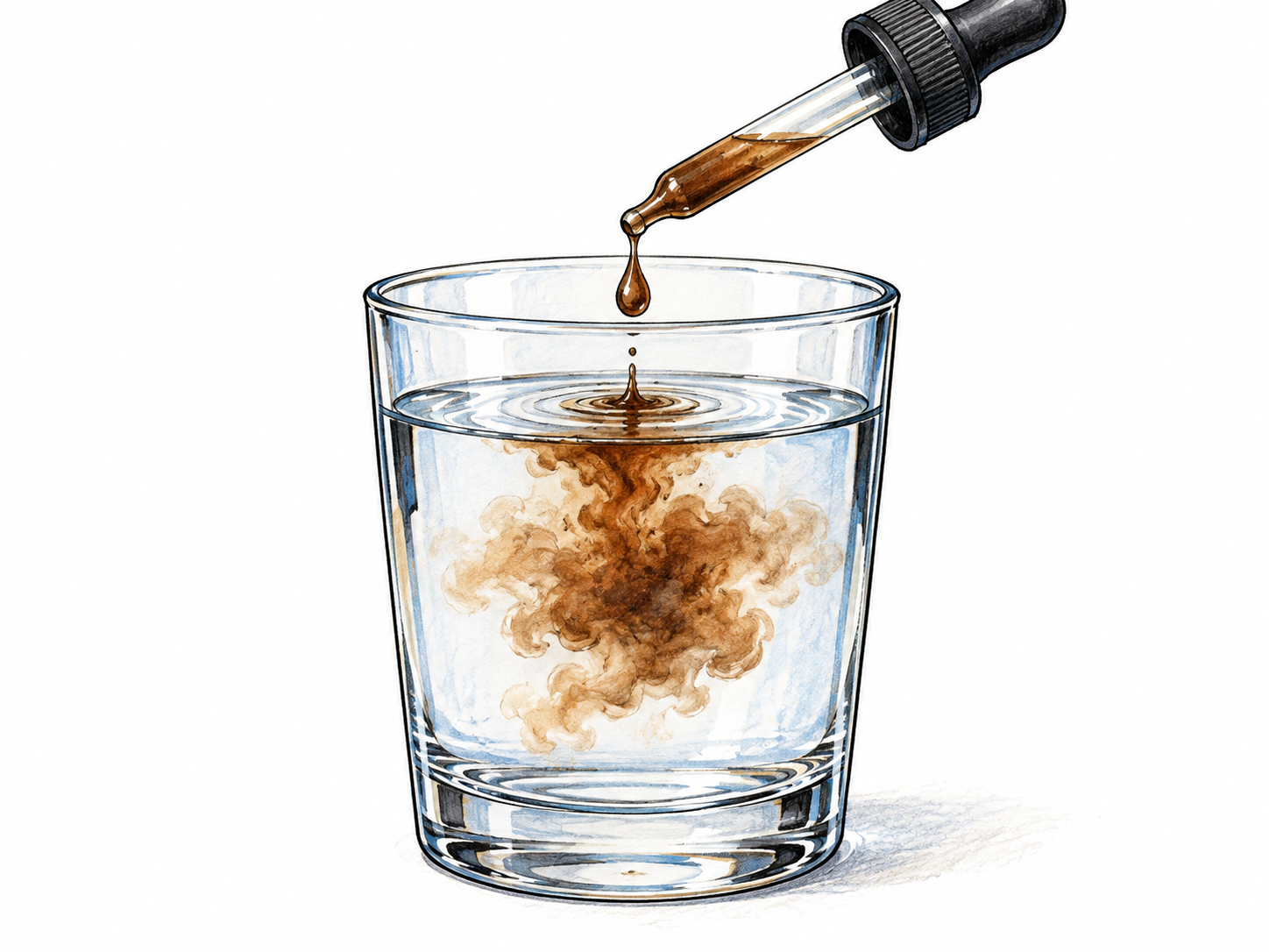 A single drop of muddy liquid falls into a clear glass of water, a brown cloud spreading from the point of contact to visibly spoil its clarity; plain dropper and no chemical labels.