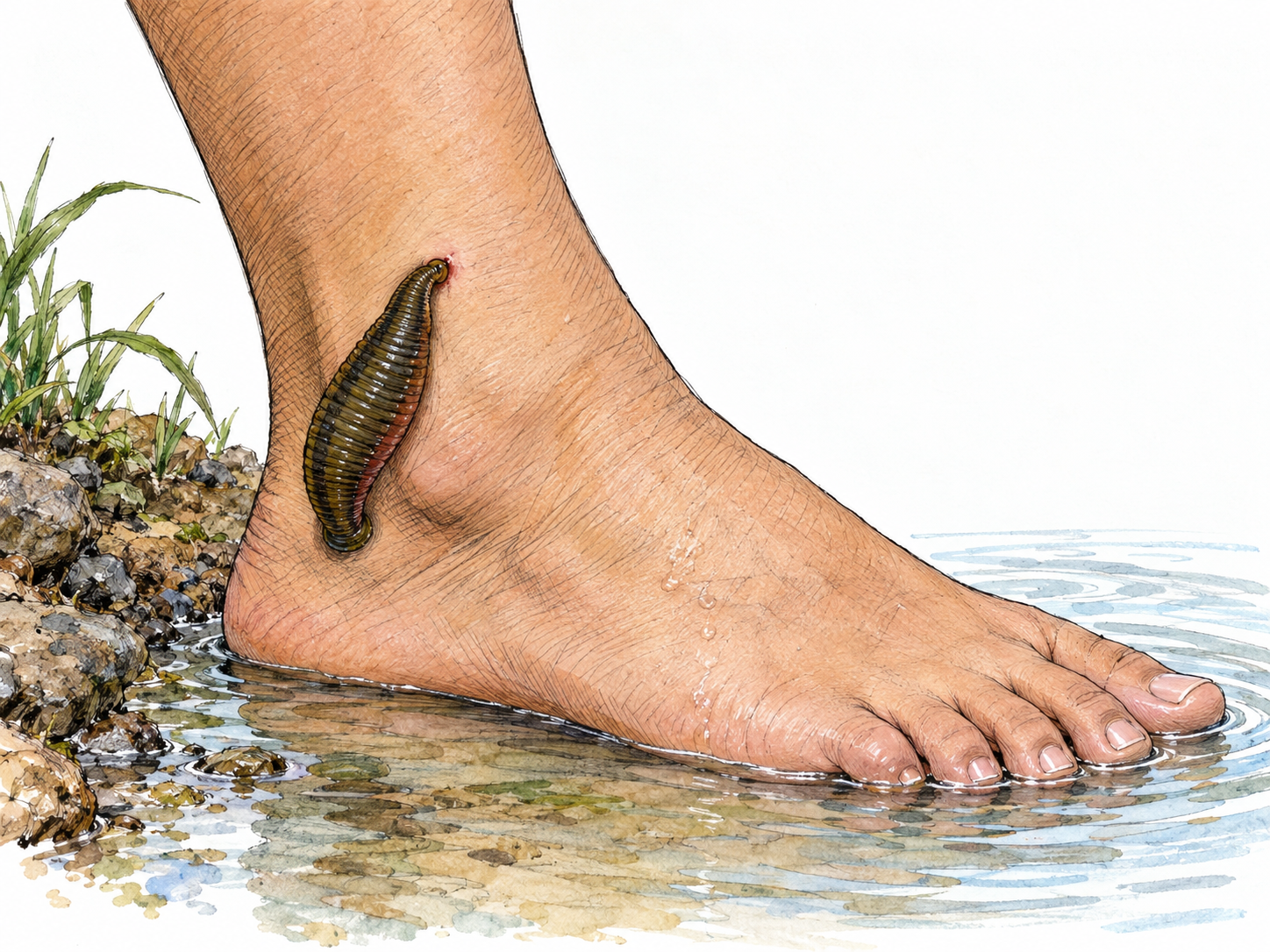 A close-up of a leech feeding on a woman's bare ankle at the edge of shallow freshwater.