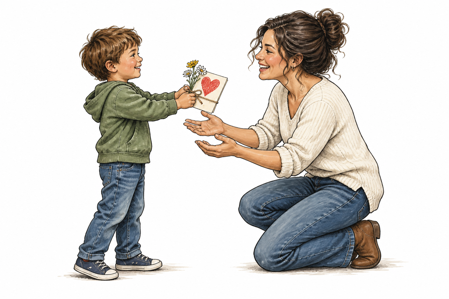 A favorite auntie kneels to greet her young nephew holding a small handmade gift, affectionate warmth.