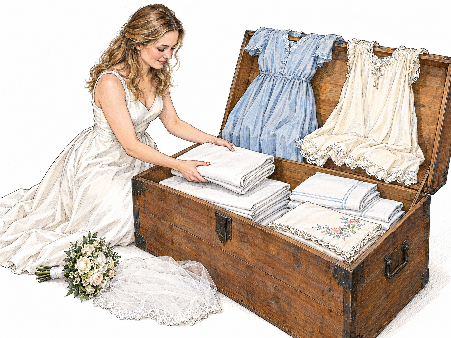 A bride in her wedding dress packs an open chest with bridal clothing and neatly folded household linens, visibly joining the marriage context with the collected belongings.