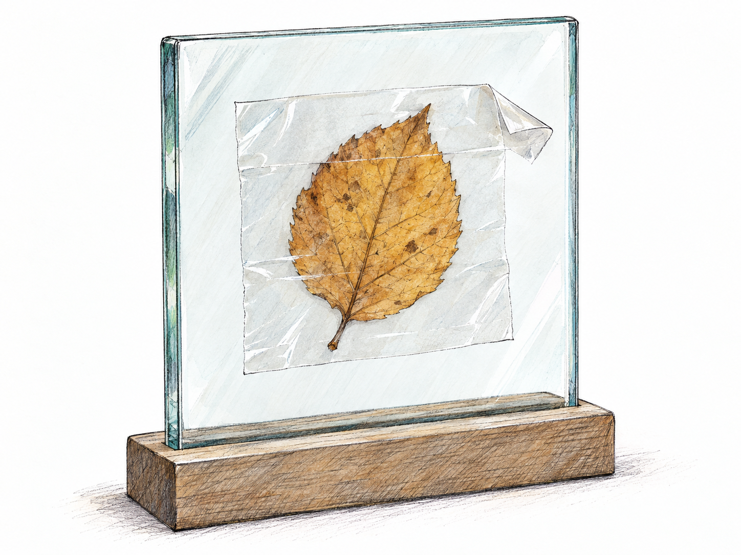 A strip of clear adhesive tape sticks to an upright glass pane, visibly holding a small dried leaf against the glass; one upper corner of the tape curls away to reveal the contact surface.