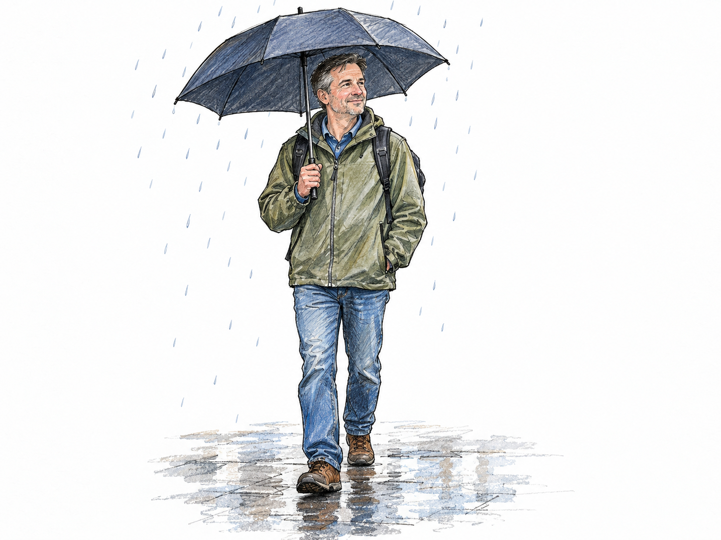 A plain compact umbrella keeps one man and his small backpack dry during a light shower: modest equipment that is sufficient for the immediate need.