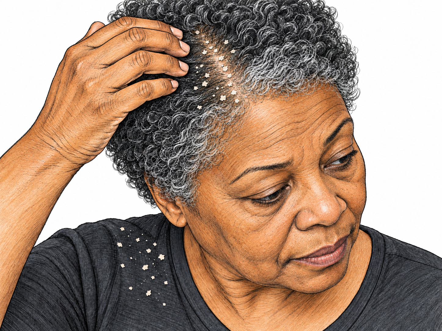 Close-up of a woman parting her hair to reveal small, irregular white scalp flakes, with matching flakes scattered on her dark shoulder.