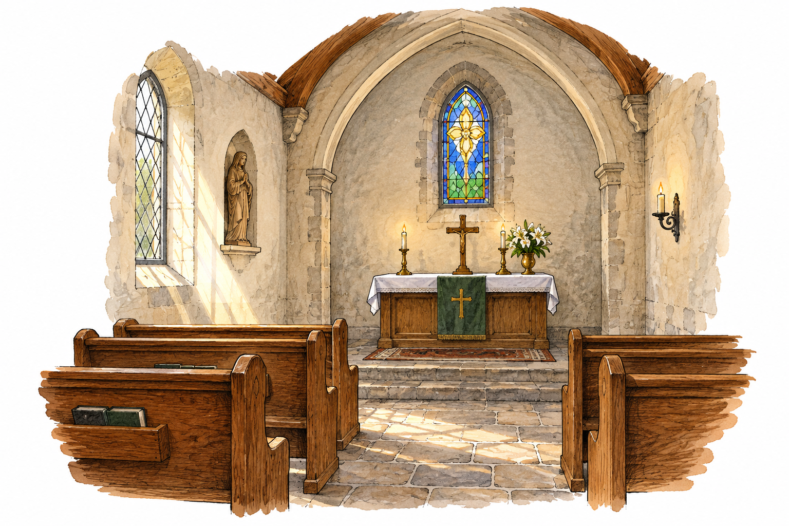 A small quiet chapel has a simple altar and a few wooden pews.