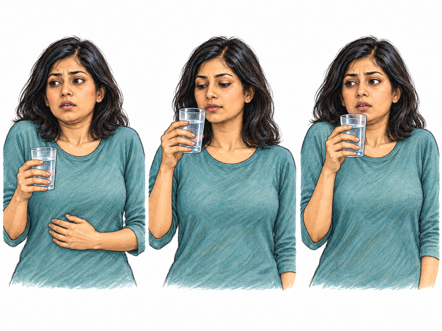 A compact three-moment sequence shows the same woman experiencing repeated small involuntary torso hitches while trying to sip water, with a relaxed interval between them.