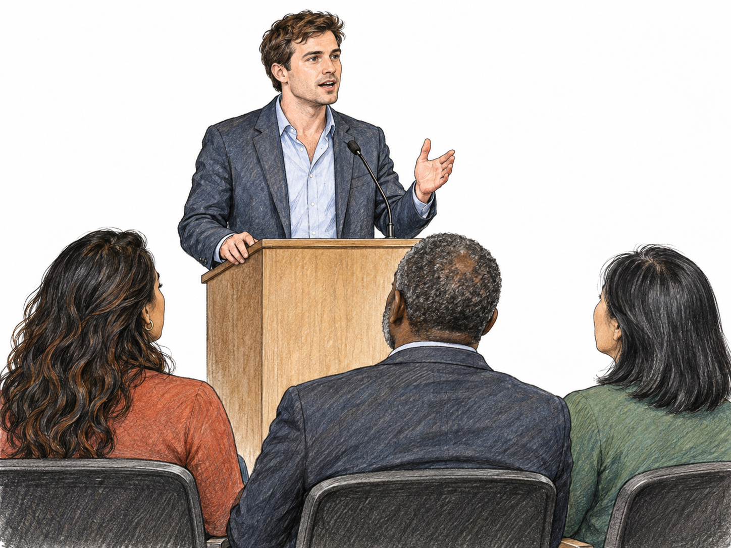 A speaker delivers a formal address from a lectern to a small seated audience, with his open mouth, measured hand gesture, microphone and attentive listeners making the public-speaking situation visible.