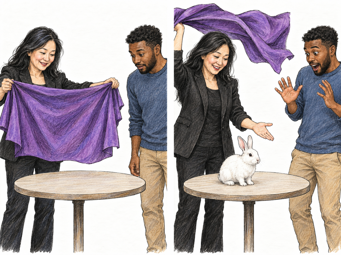 A text-free two-panel magic reveal: a magician first lifts a cloth to show a bare tabletop, then snaps the cloth away to reveal a white rabbit in the same spot.