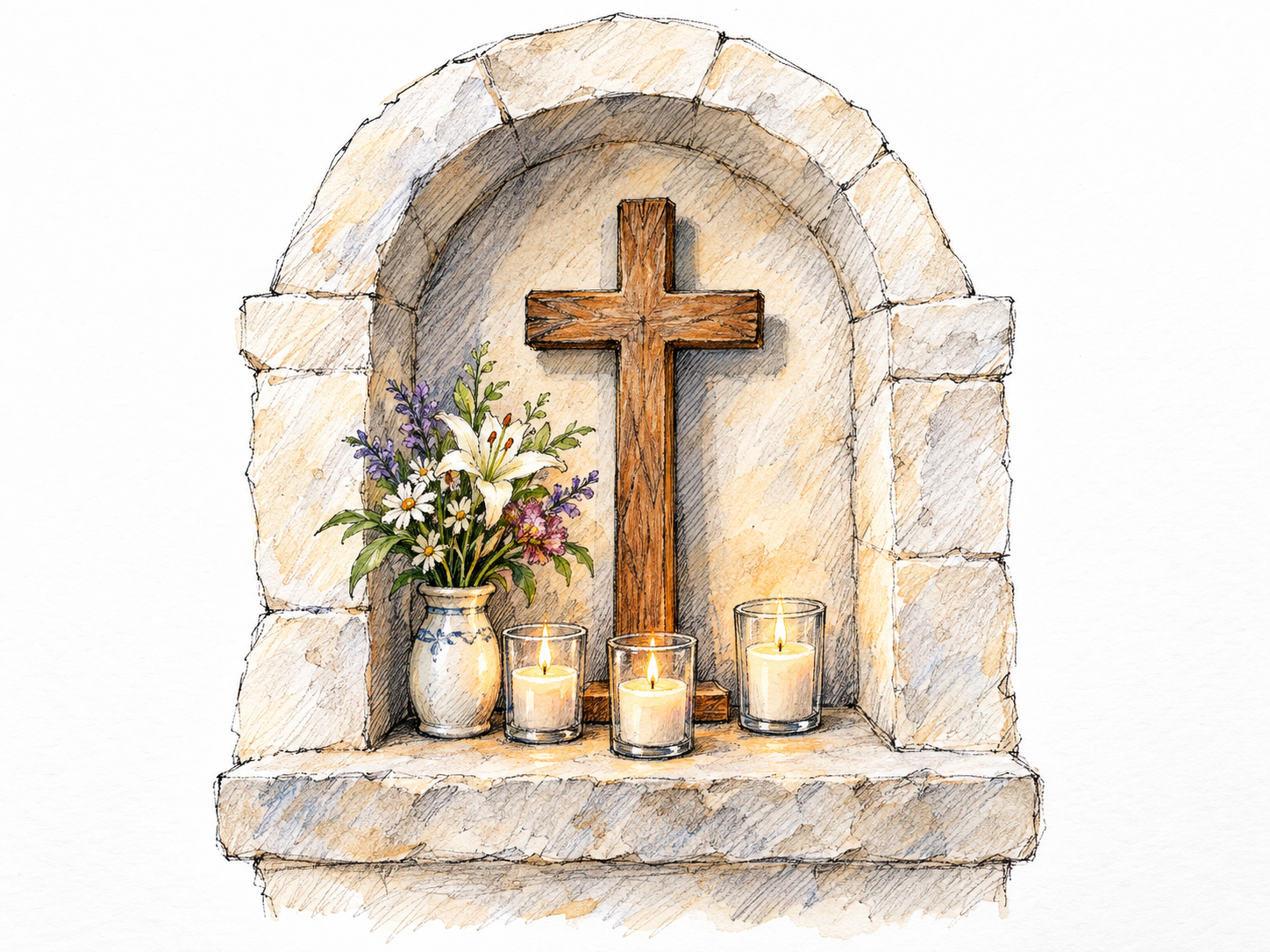 A small Christian devotional shrine: a plain stone alcove containing a carved cross, with lit votive candles and a modest offering of fresh flowers.