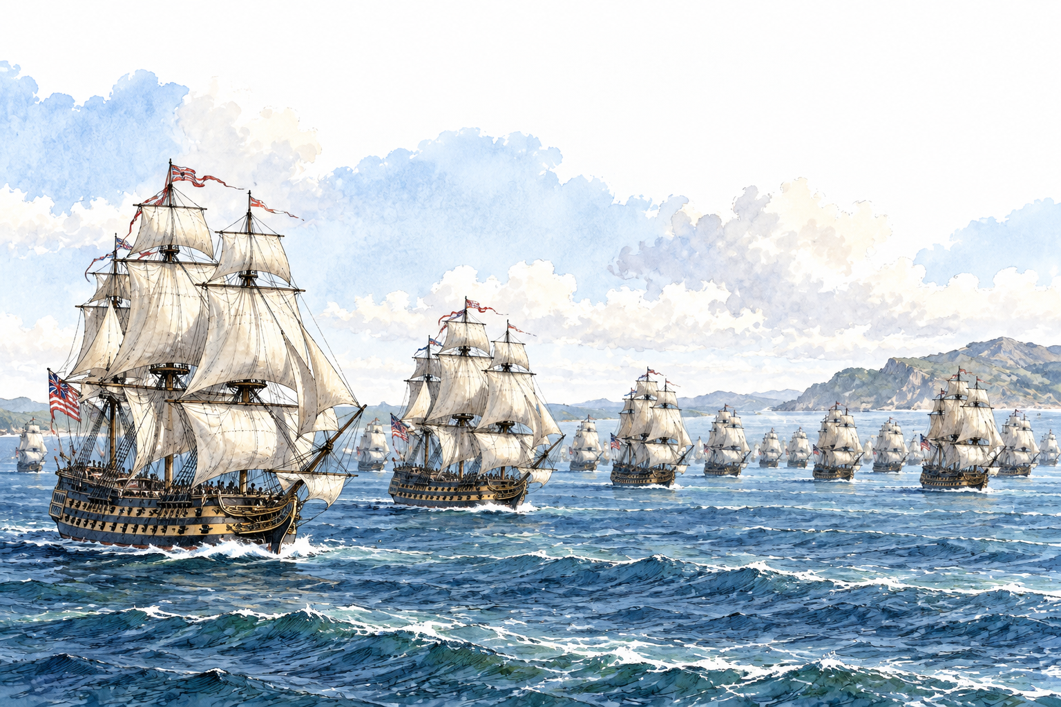 A large coordinated fleet of historical sailing warships fills the sea, distant wide view, no battle.