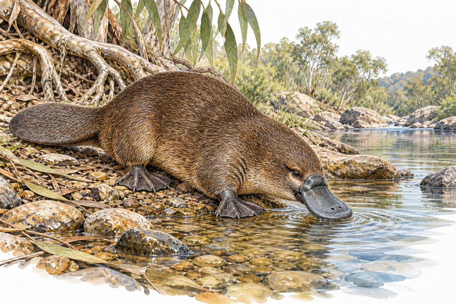 A realistic platypus at the edge of an Australian freshwater stream, broad ducklike leathery bill, brown waterproof fur, webbed feet and flattened beaverlike tail clearly visible, eucalyptus roots and pebbles.