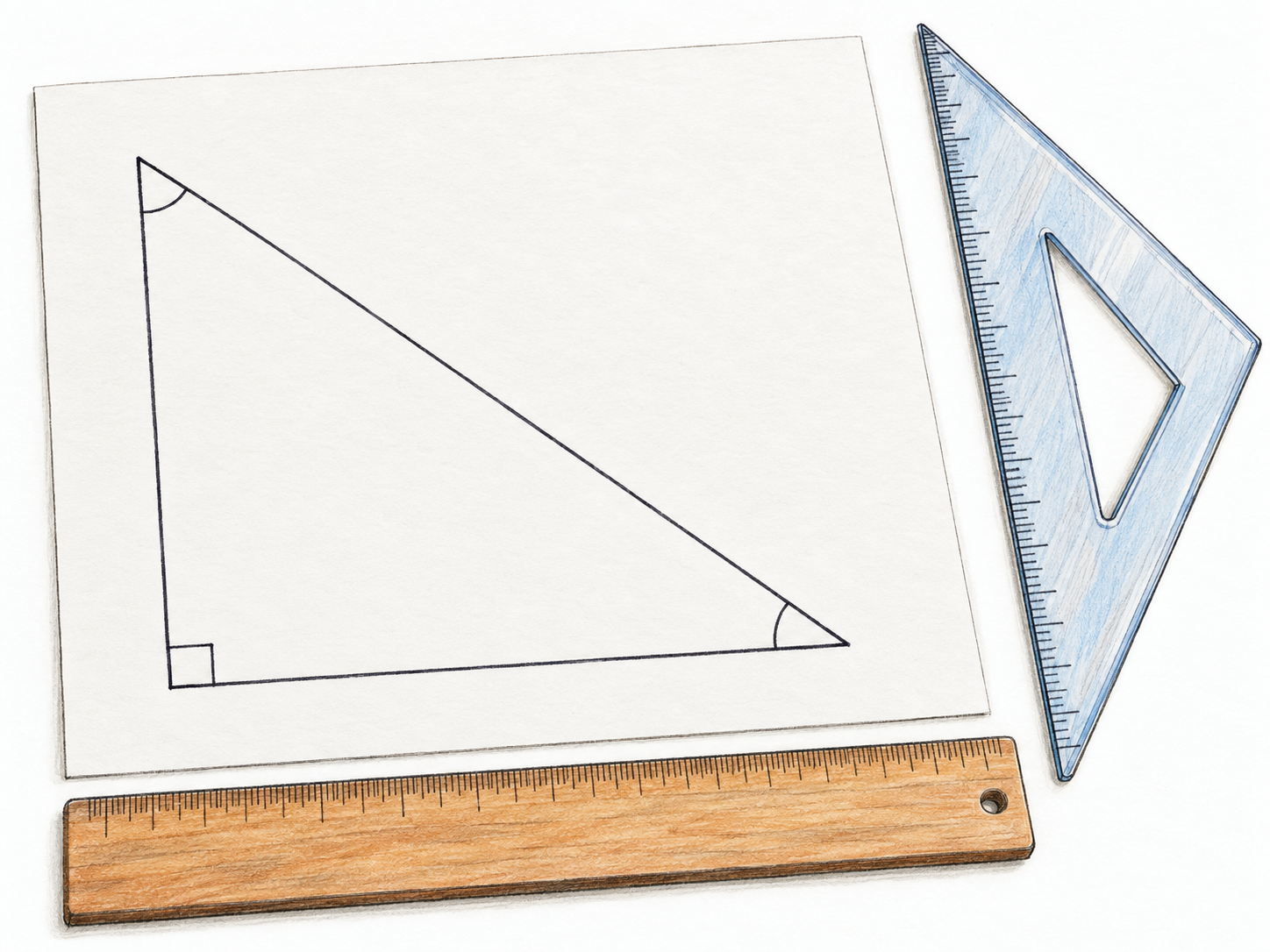 A simple geometry construction on a flat white sheet: a prominent straight-sided right triangle with angle arcs and a right-angle square, beside a straightedge and transparent triangular set square.