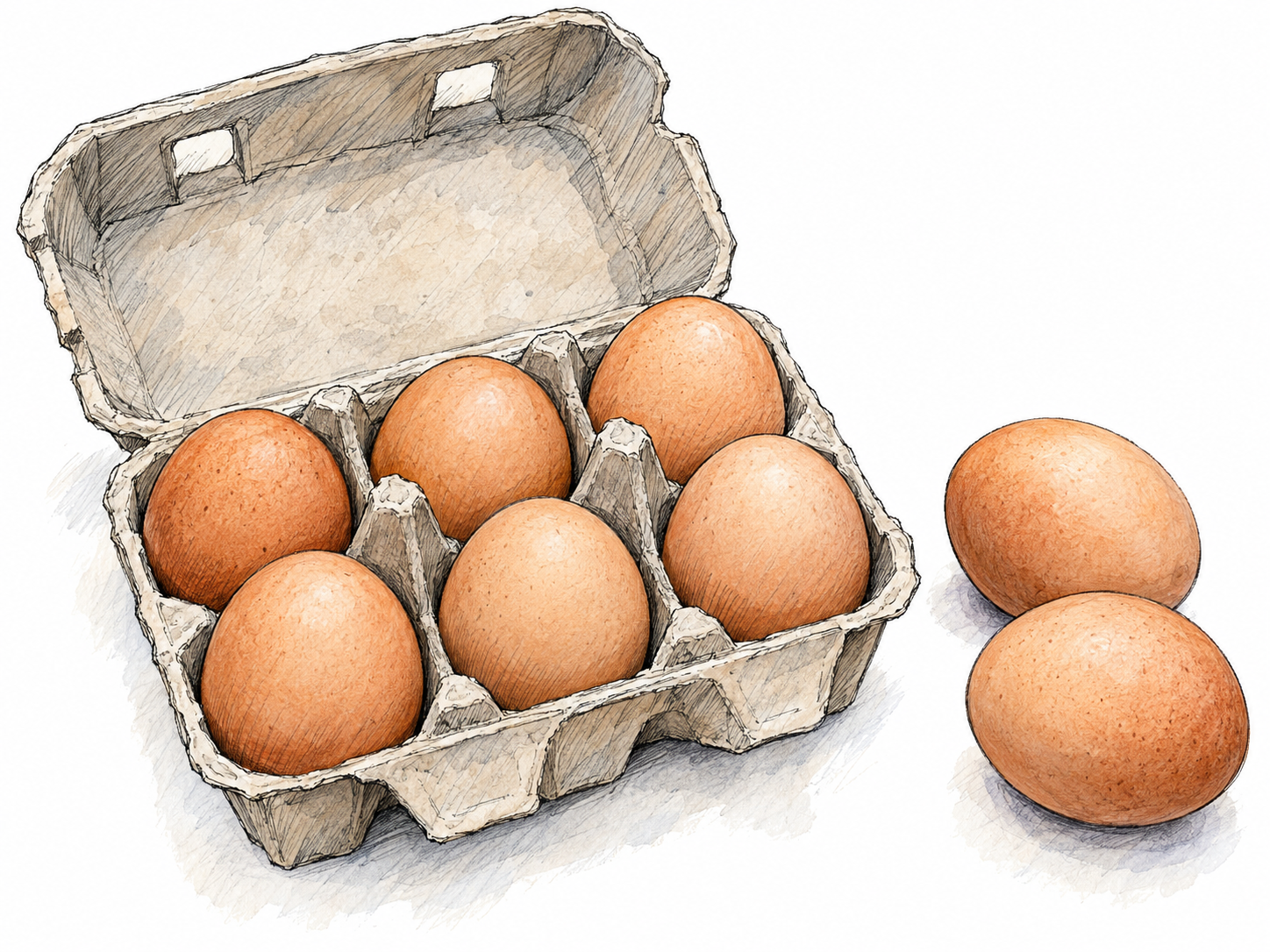A six-slot egg carton is completely filled, with two additional eggs beside it: visibly more eggs than the carton can hold.