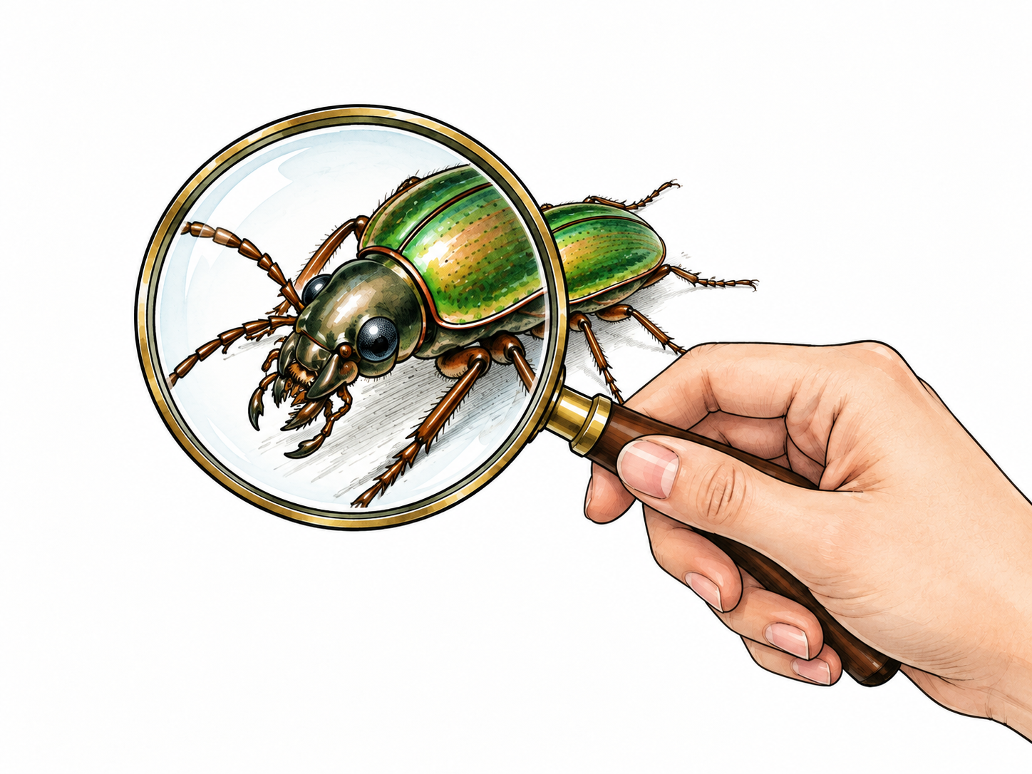 Adult hand holds magnifier over a small beetle, beetle visibly enlarged through lens while ordinary-size part remains outside.