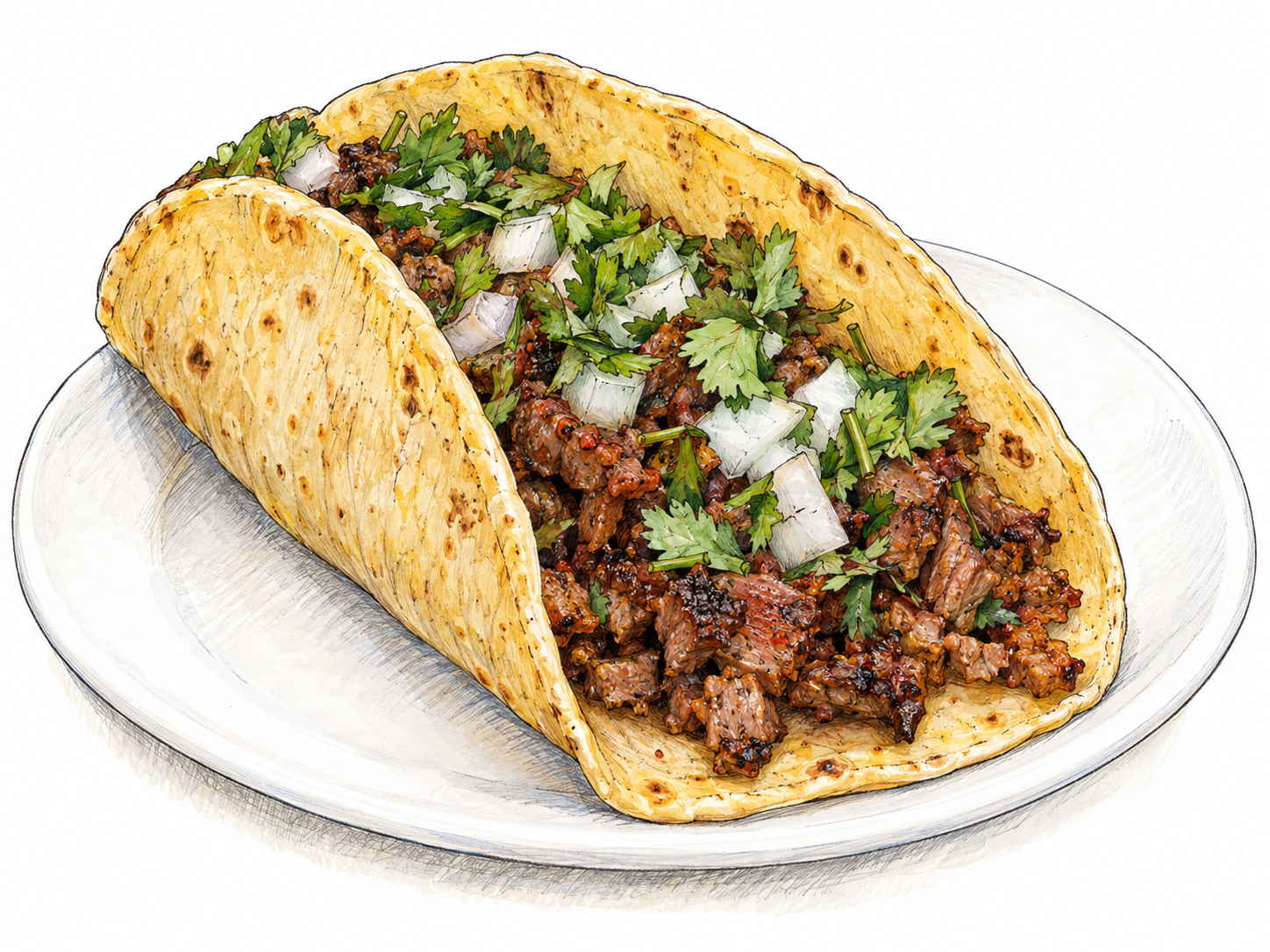 A single soft corn tortilla folded around visibly seasoned meat, diced onion, and cilantro, viewed close enough to make the folded tortilla and filling immediately recognizable.