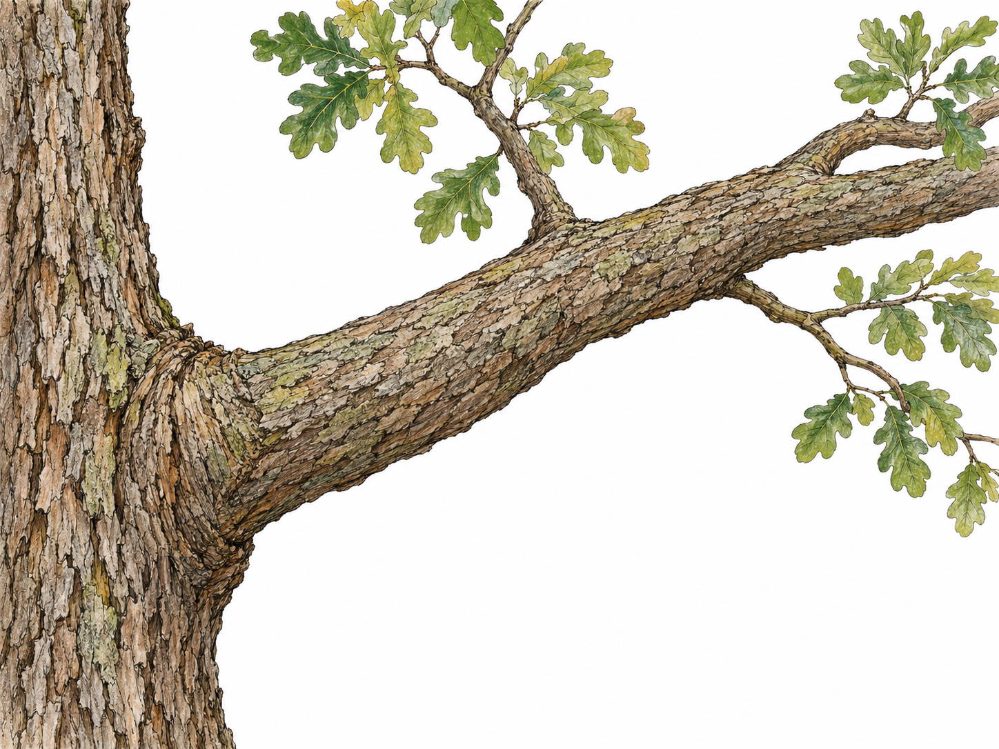 A substantial living tree branch projects sideways from a cropped trunk, with smaller leafy twigs emerging from it.