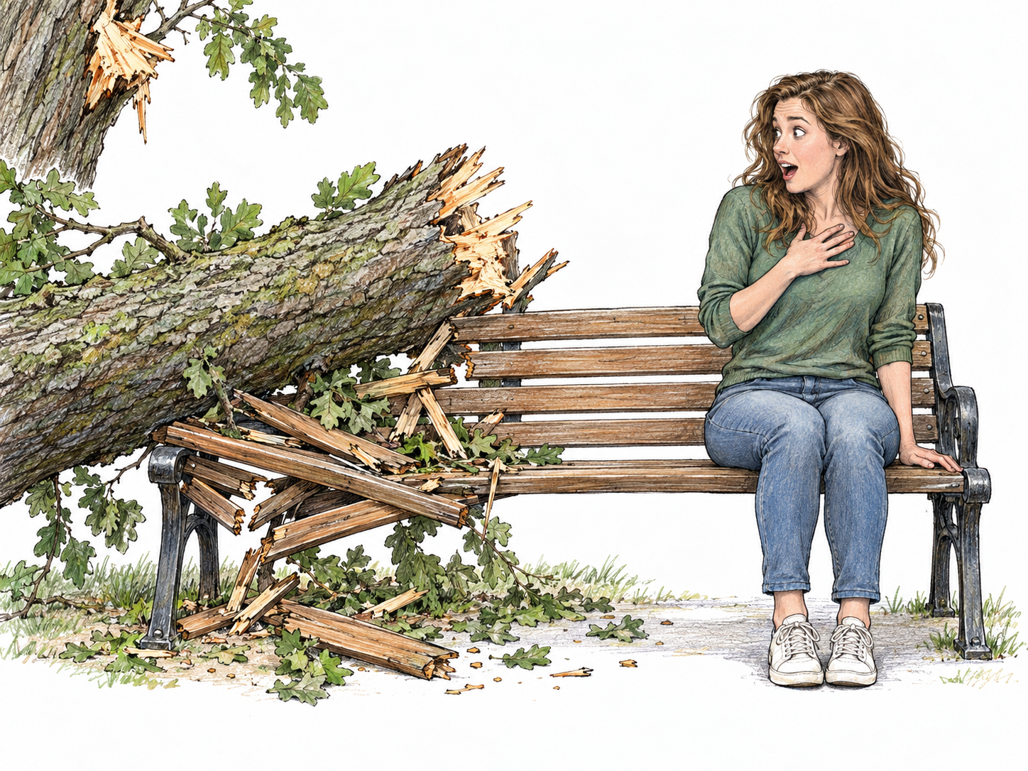 A woman sitting on one end of a park bench has narrowly escaped a heavy falling branch that has crushed the empty other end.