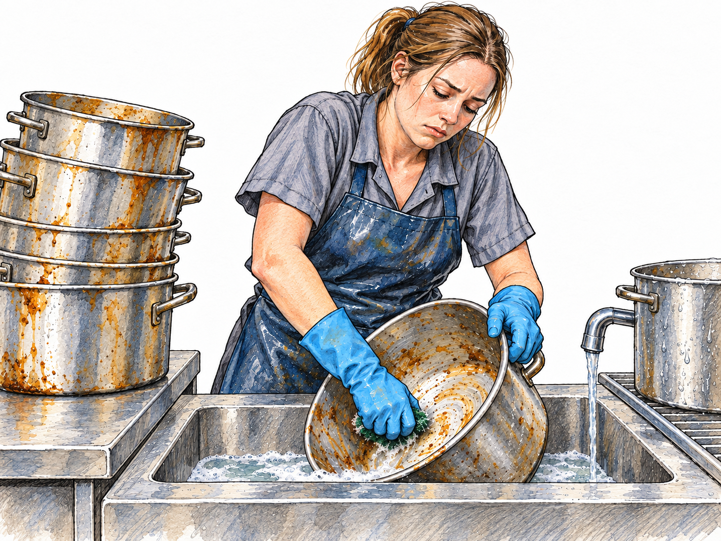 A weary dishwasher scrubs a large greasy pot beside an overwhelming queue of identical dirty pots, making hard, repetitive labor visible through the worker's strained posture, heavy cookware, and bored expression.