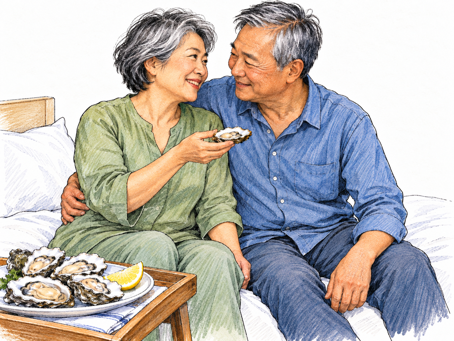 A prominent plate of oysters offered between an affectionate adult couple beside a bed: a familiar purported aphrodisiac intentionally included in an intimate encounter, without depicting a proven physiological effect.