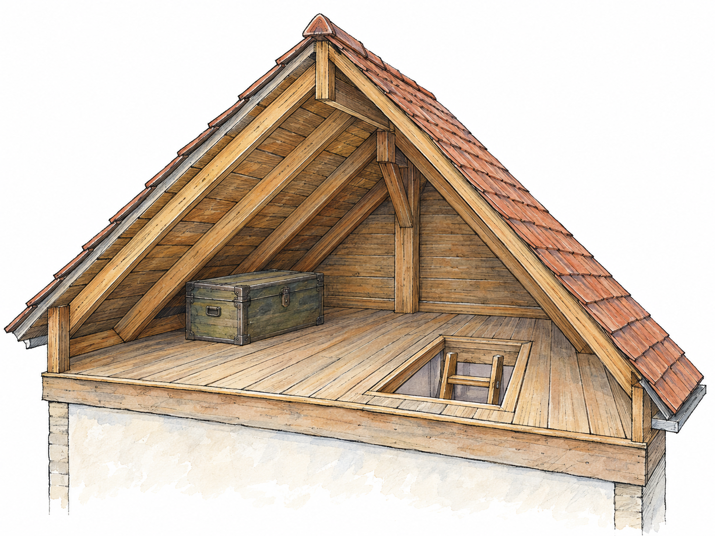 A simple cutaway of a house's pitched roof reveals a small attic immediately beneath it, with exposed rafters, a wooden floor, a closed storage trunk, and an open floor hatch.