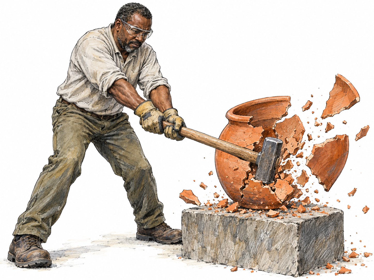 A man drives a sledgehammer into a terracotta pot on a solid work block, visibly shattering it into large jagged pieces at the instant of impact.