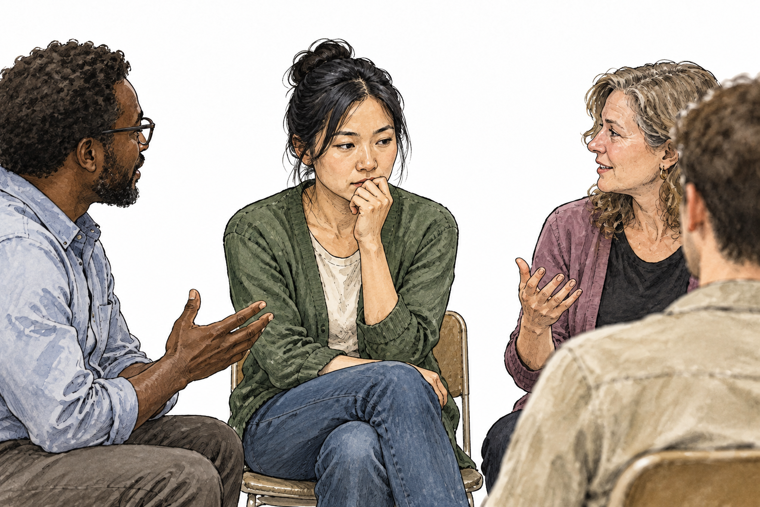 A reserved East Asian adult pauses before sharing a thought in a small group discussion.
