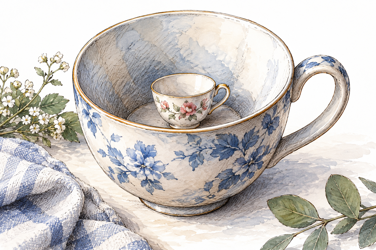 Tiny ceramic teacup rests inside a much larger ordinary teacup, scale contrast unmistakable.