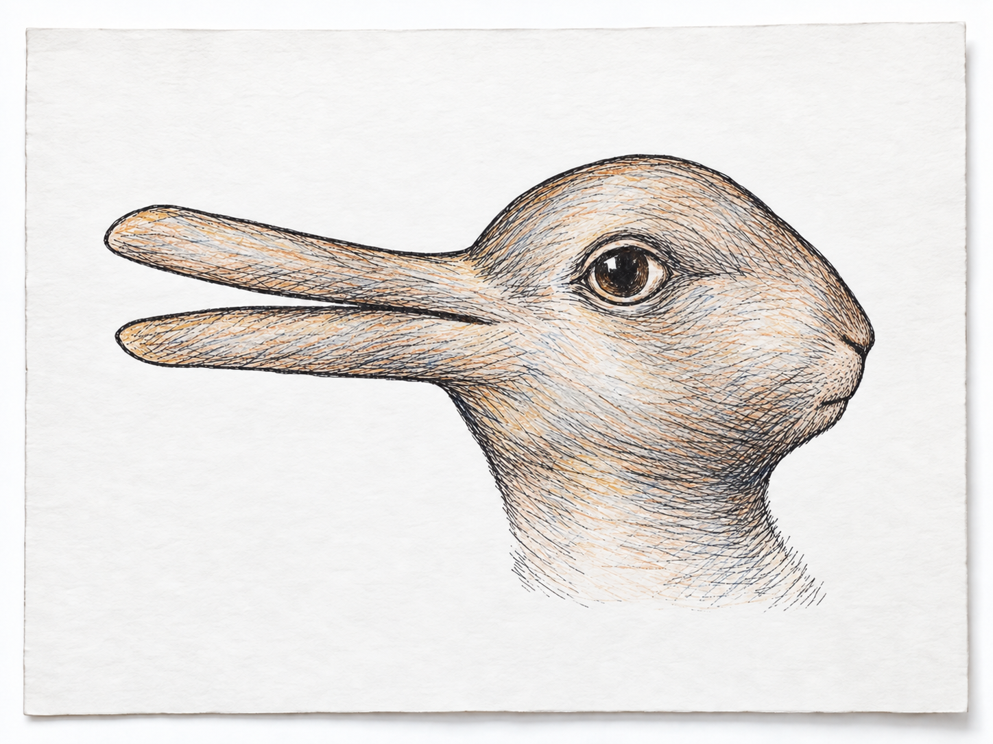 A single uncaptioned duck–rabbit optical drawing on a loose sheet of paper: the same two projecting shapes can be read as a duck’s bill or a rabbit’s ears, making two interpretations of one image visible.