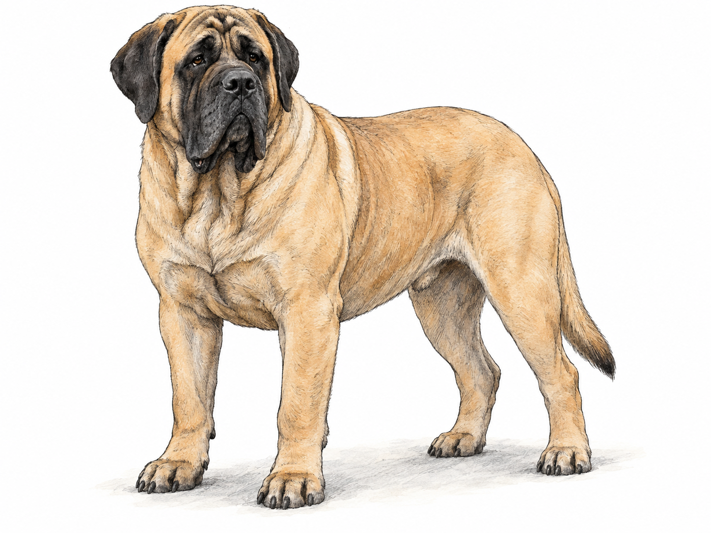 An adult English mastiff standing in three-quarter view, displaying its massive muscular body, broad square head, short dark muzzle and heavy jowls.