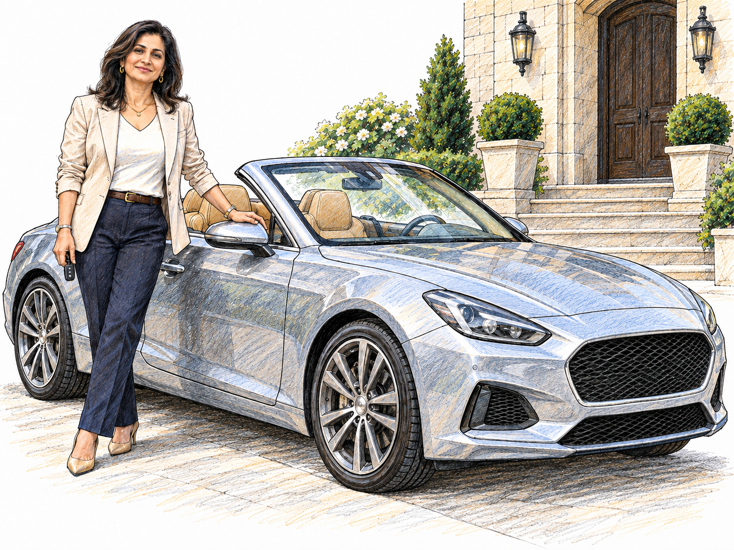 An affluent woman at her private home's entrance, holding the key to her luxury convertible; the car, substantial home and understated fine jewelry jointly communicate abundant material wealth.