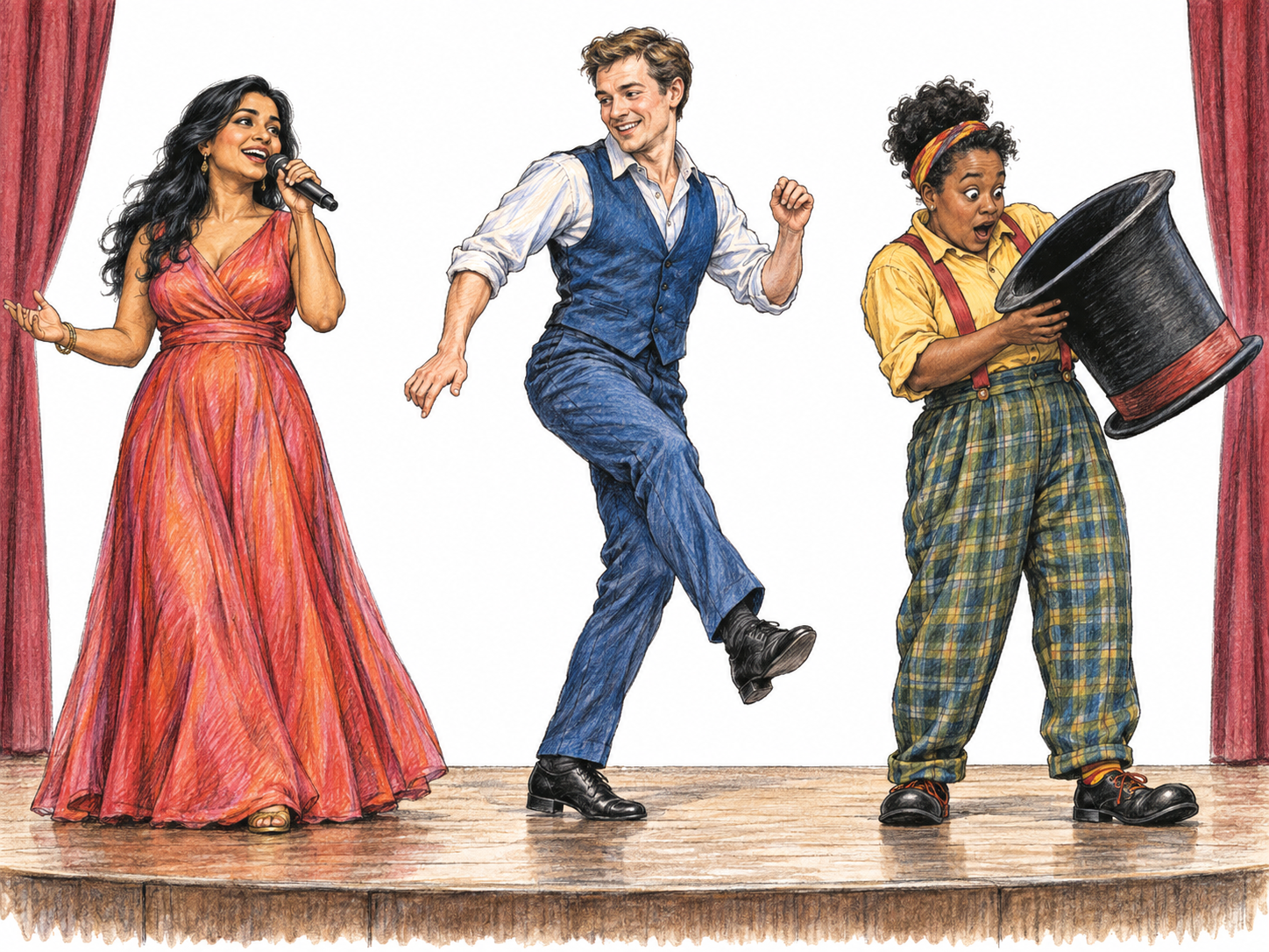 A compact theater revue ensemble performs on a low stage fragment: a singer holding a plain handheld microphone, a dancer in a lively but anatomically realistic step, and a comic performer reacting to a comically oversized empty hat.
