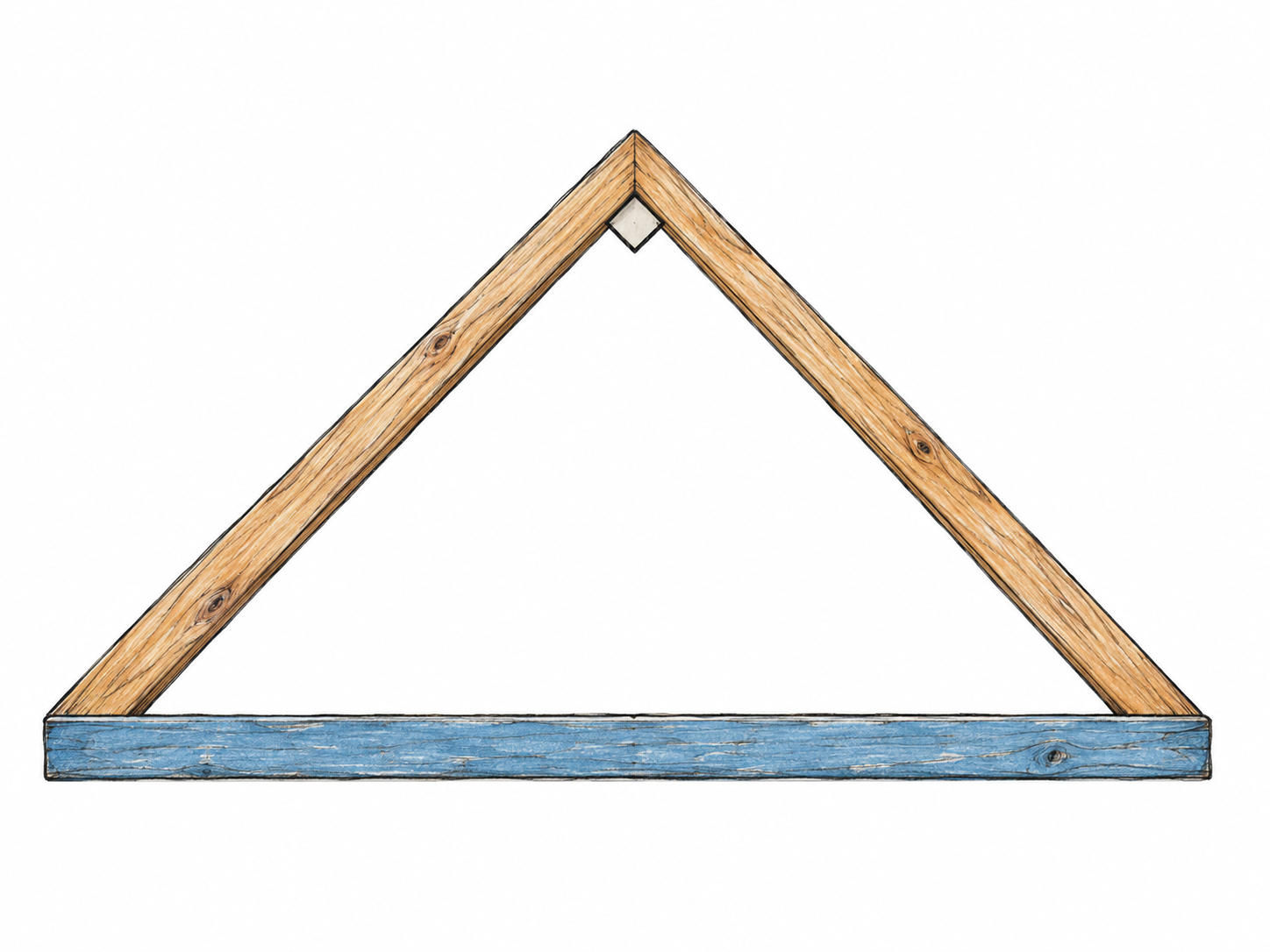 A single right-triangular wooden frame with its right-angle vertex at the top and its opposite, longest side stretching horizontally beneath it, highlighted in muted blue.